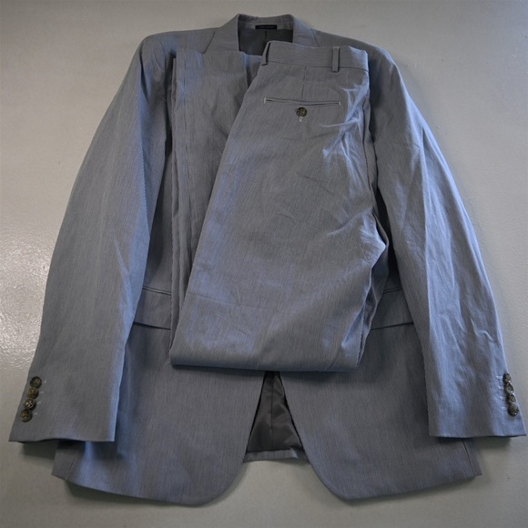 Stafford 40L 32x34 Blue White Striped Cotton Classic Mens Jacket Pants Suit